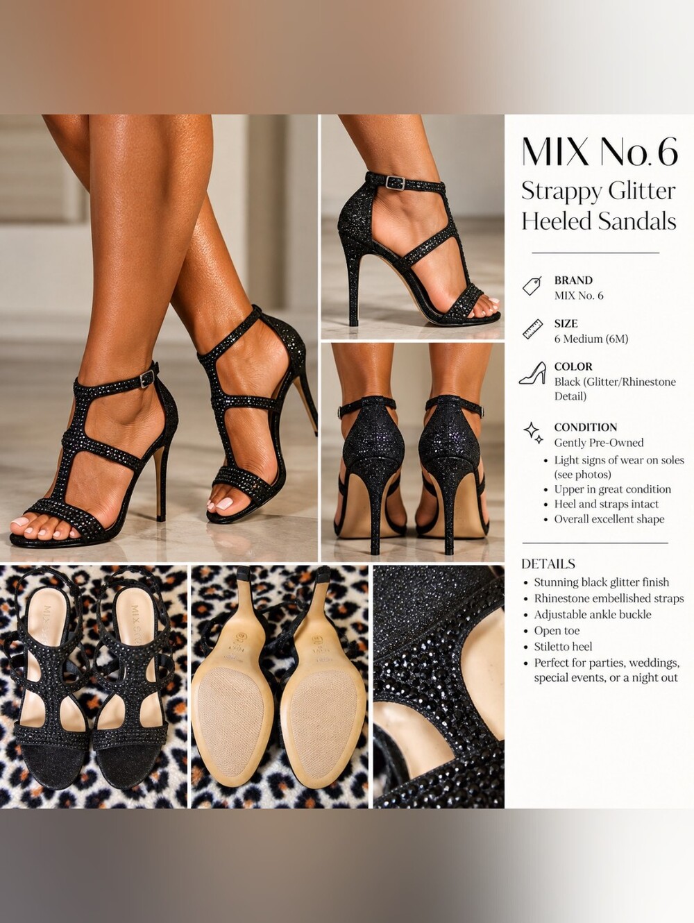 Mix No. 6 Black Rhinestone Open Toe Glitter Strappy 3" Heeled Sandals Sz 6M